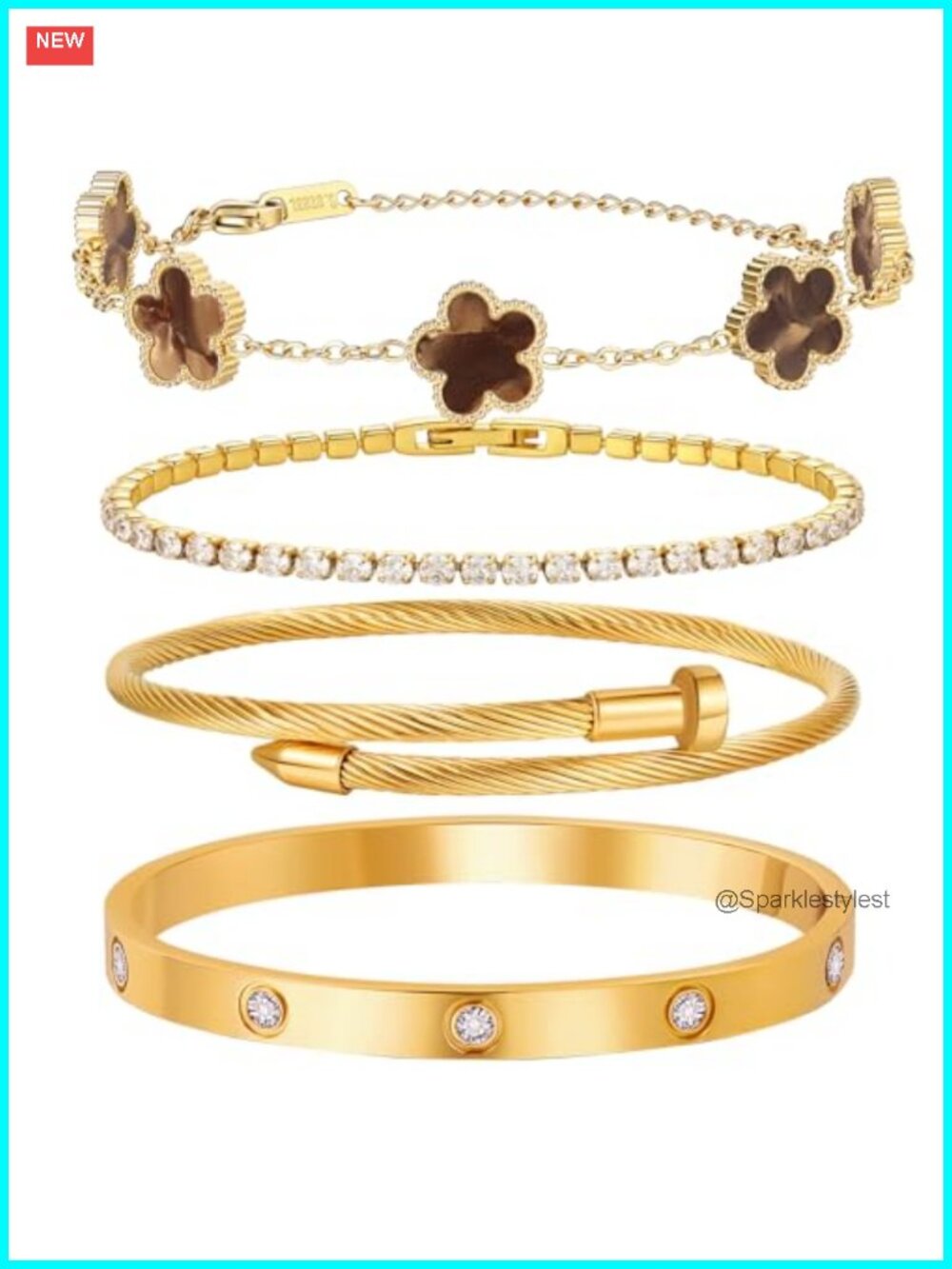 18K Gold Plated Love Bangle Bracelet Stack for Women Set of 4 Floral Clover